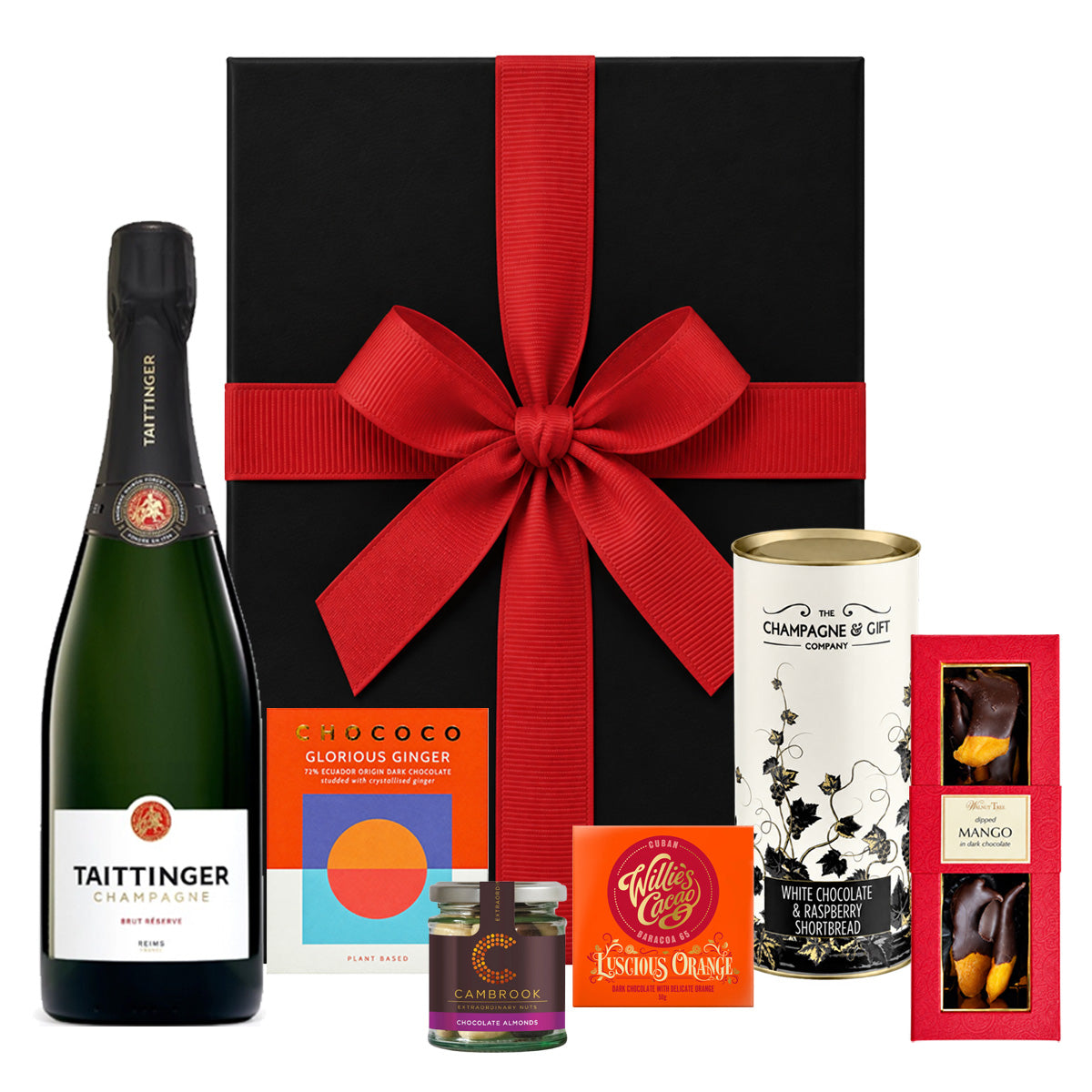 Taittinger 'Tis the Season Christmas Hamper in a black luxury gift box with red ribbon