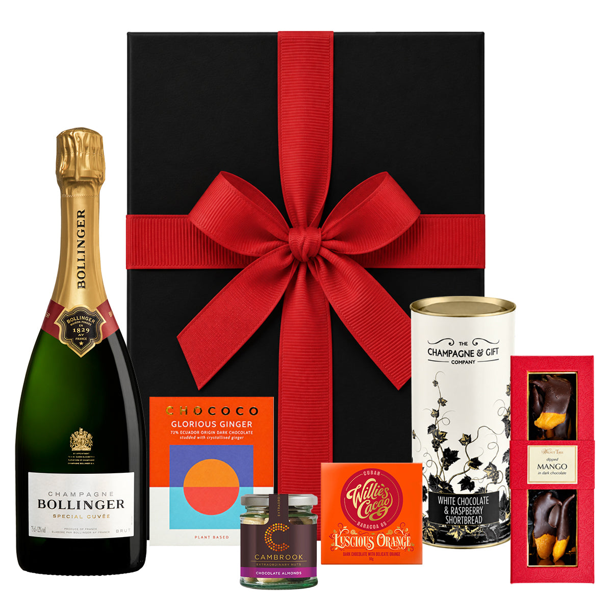 Bollinger 'Tis the Season Christmas Hamper in a black luxury gift box with red ribbon