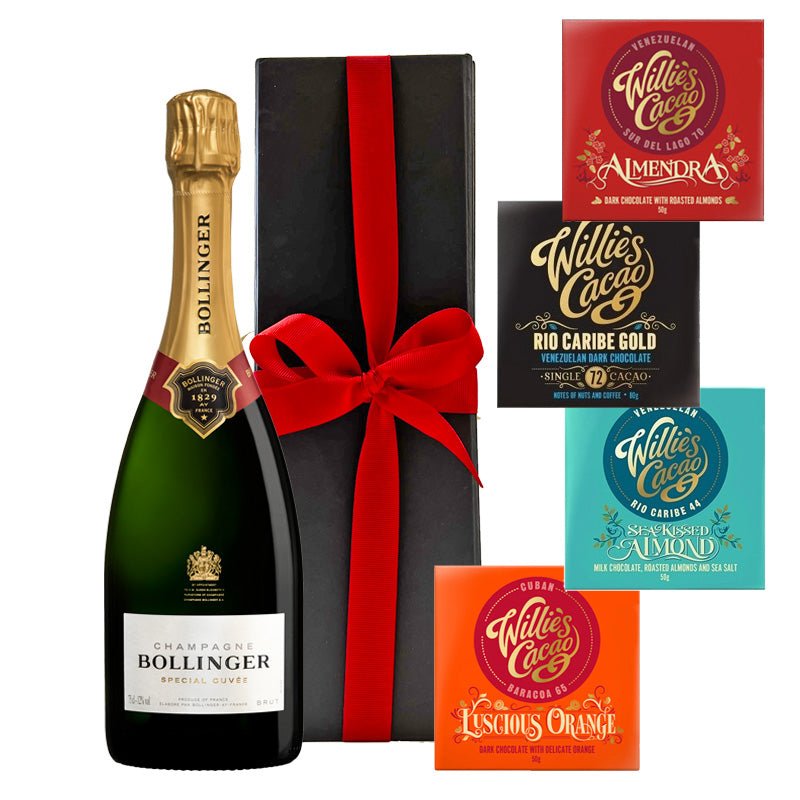 Bollinger Special Cuvée Champagne with 4 x Artisan Willie’s Chocolates in Black Gift Box - CorporateGifts.London