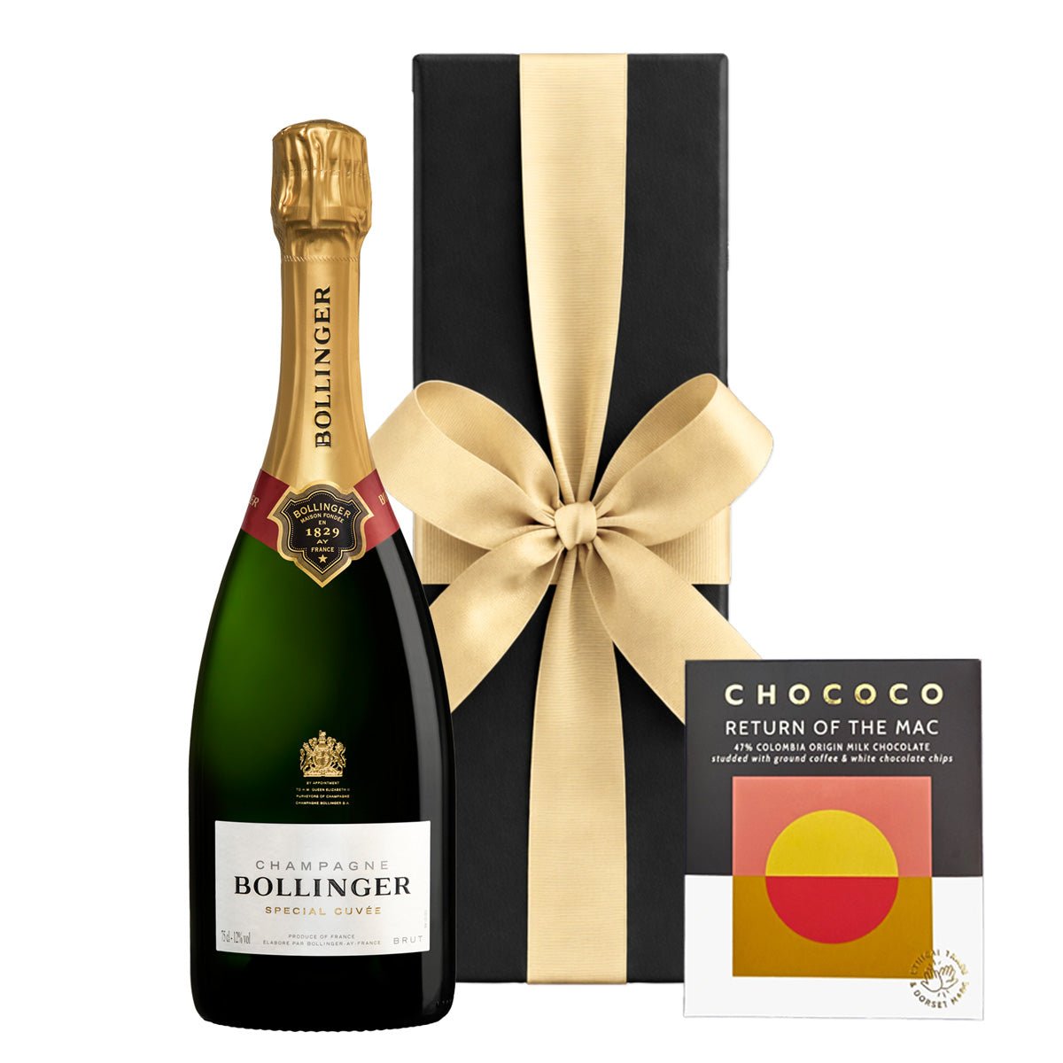 Bollinger Special Cuvée Champagne with Colombian Crushed Coffee Chocolate in Black Gift Box - CorporateGifts.London