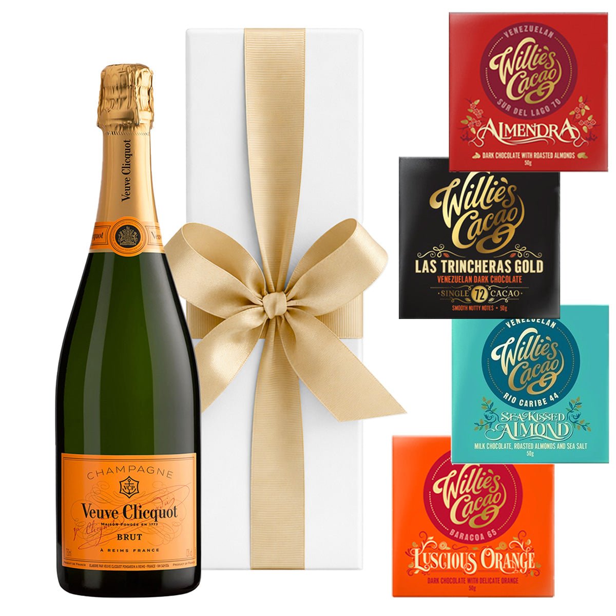 Veuve Clicquot Yellow Label Brut Champagne with 4 x Artisan Willie’s Chocolates in White Gift Box - CorporateGifts.London