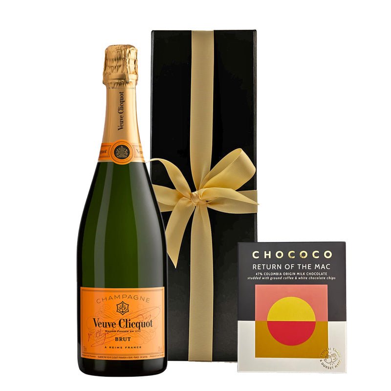 Veuve Clicquot Yellow Label Brut Champagne with Colombian Crushed Coffee Chocolate in Black Gift Box - CorporateGifts.London