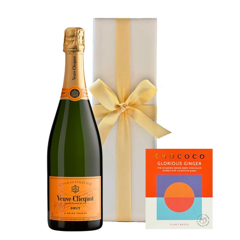 Veuve Clicquot Yellow Label Brut Champagne with Glorious Ginger Dark Chocolate in White Gift Box - CorporateGifts.London