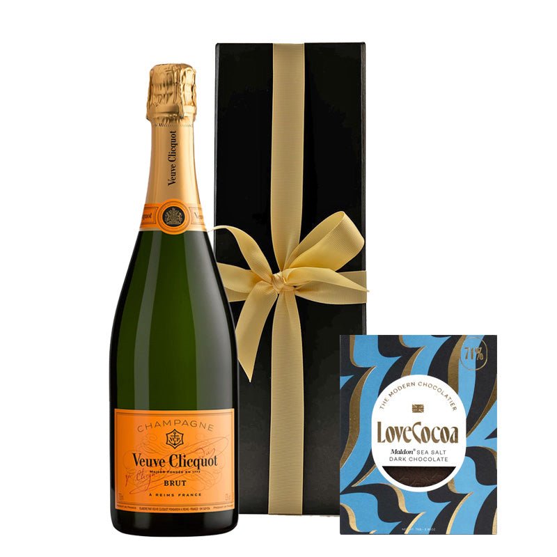 Veuve Clicquot Yellow Label Brut Champagne with Maldon Sea Salt Chocolate in Black Gift Box - CorporateGifts.London