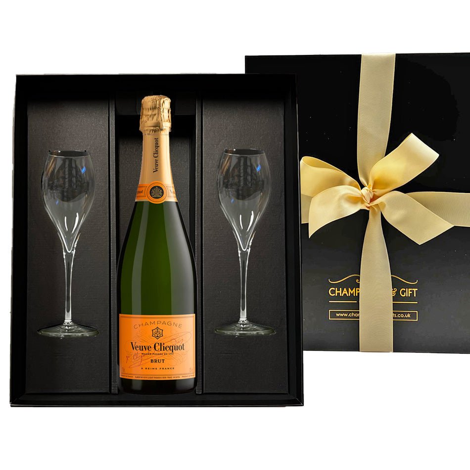 Veuve Clicquot Yellow Label Champagne & Flutes Gift Set in Black Gift Box - CorporateGifts.London