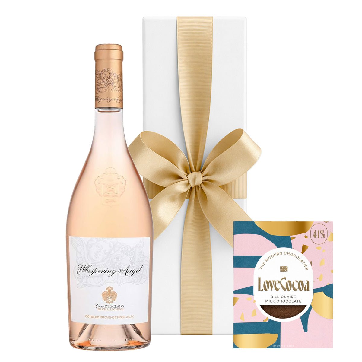 Whispering Angel Rosé with Billionaire Chocolate in White Gift Box - CorporateGifts.London