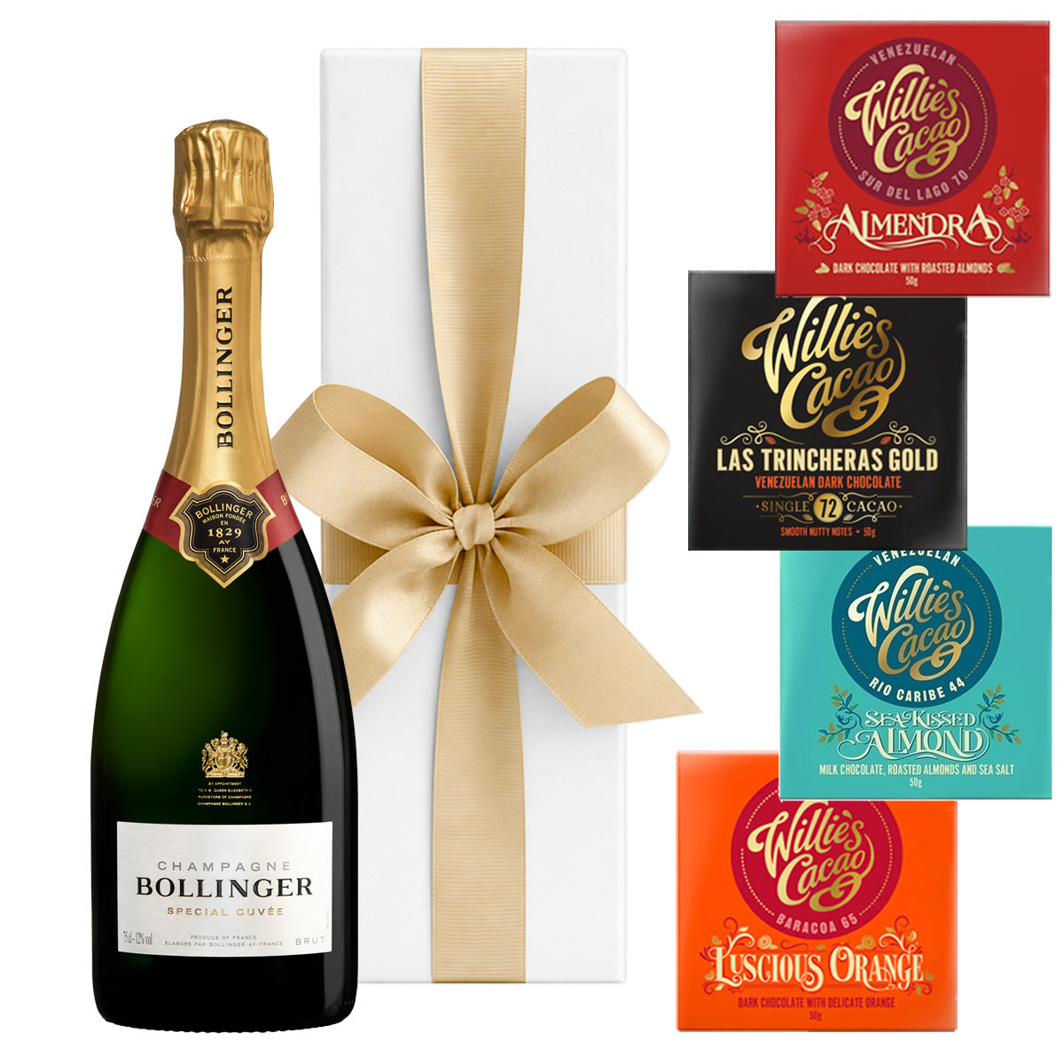 Bollinger Special Cuvée Champagne with four Willie's Cacao chocolate bars in white gift box with hand-tied ribbon