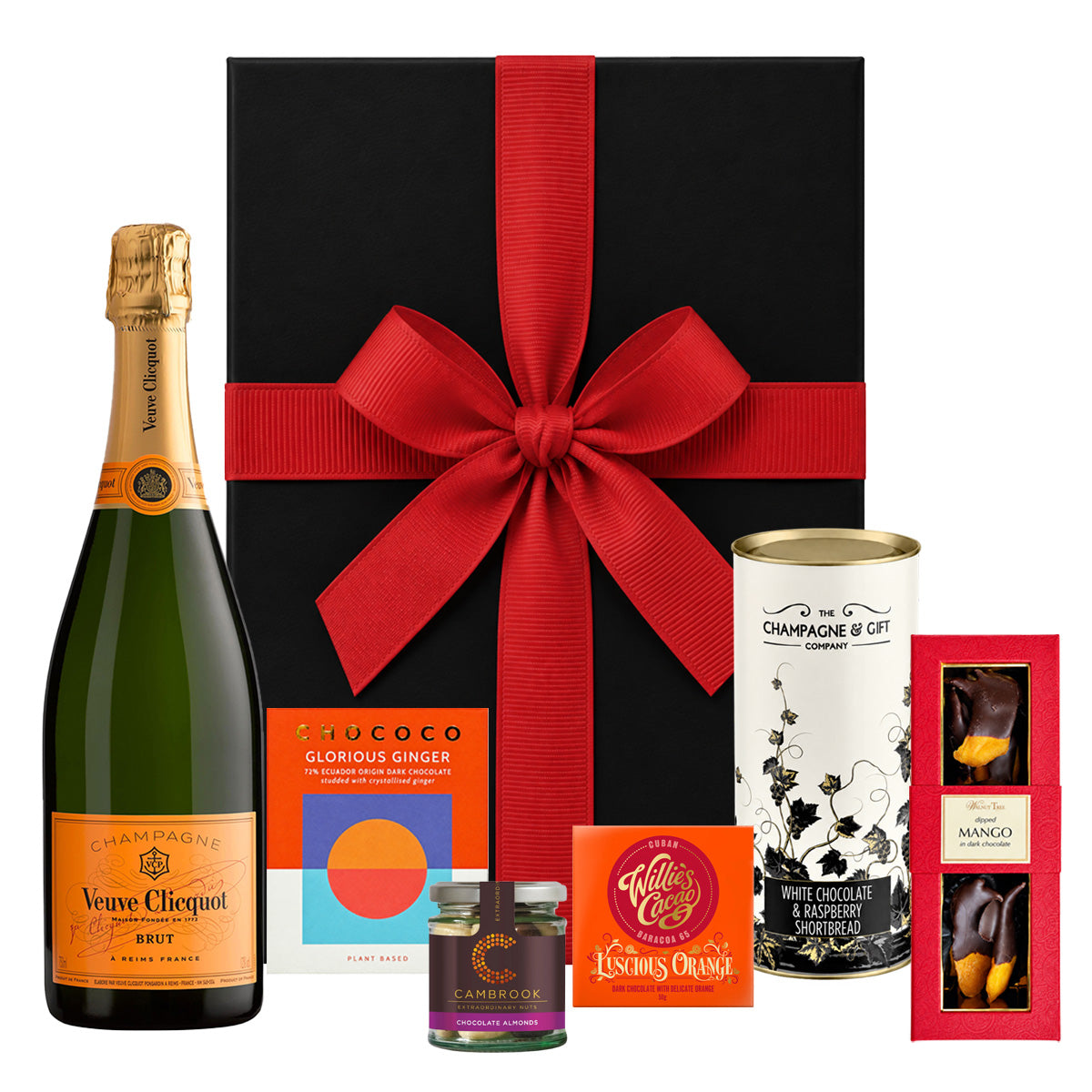 Veuve Clicquot 'Tis the Season Christmas Hamper in a black luxury gift box with red ribbon
