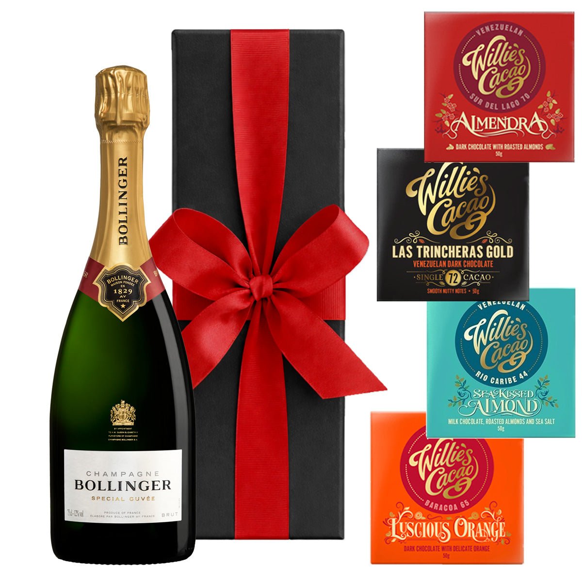 Bollinger Special Cuvée Champagne with 4 x Artisan Willie’s Chocolates in Black Gift Box - CorporateGifts.London