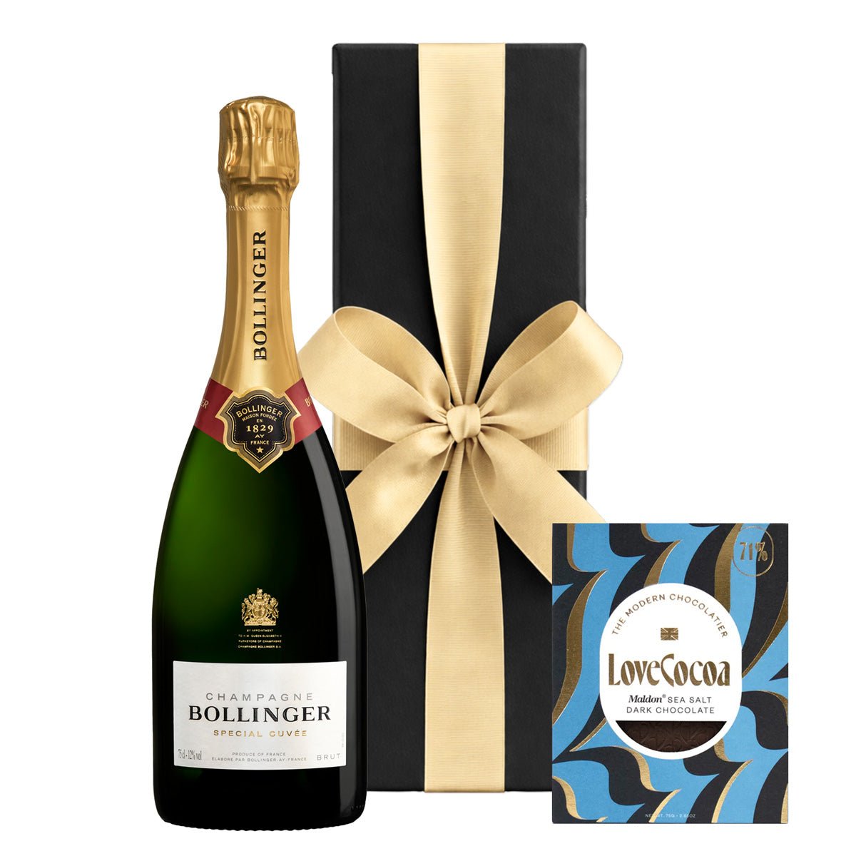 Bollinger Special Cuvée Champagne with Maldon Sea Salt Chocolate in Black Gift Box - CorporateGifts.London