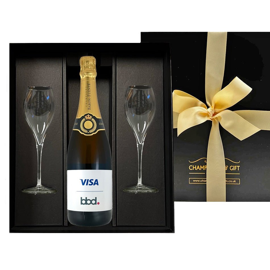 Branded Classic Cuvée Champagne with Flutes in Black Gift Box - CorporateGifts.London