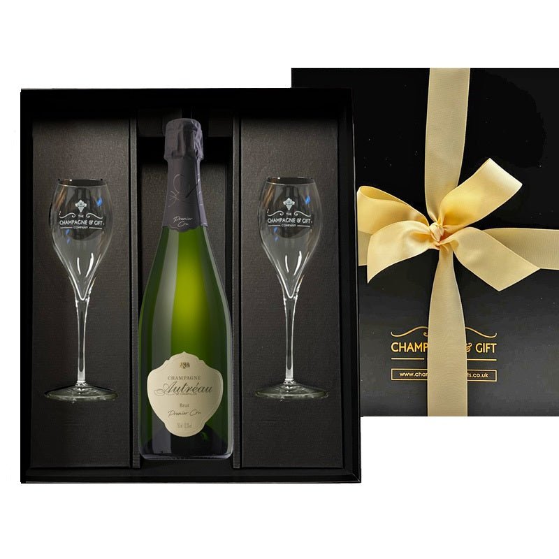 Branded Premier Cru Champagne with Flutes in Black Gift Box - CorporateGifts.London