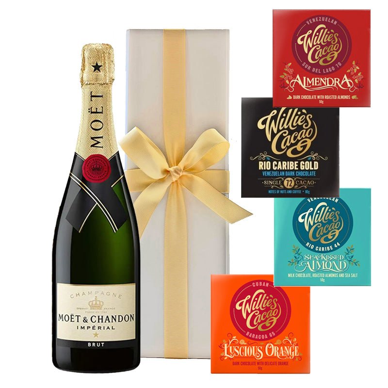 Moët & Chandon Brut Impérial Champagne with 4 x Artisan Willie’s Chocolates in White Gift Box - CorporateGifts.London