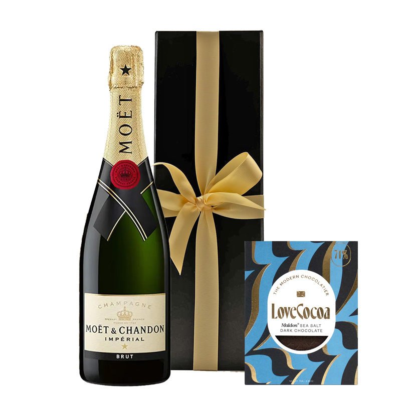 Moët & Chandon Brut Impérial Champagne with Maldon Sea Salt Chocolate in Black Gift Box - CorporateGifts.London