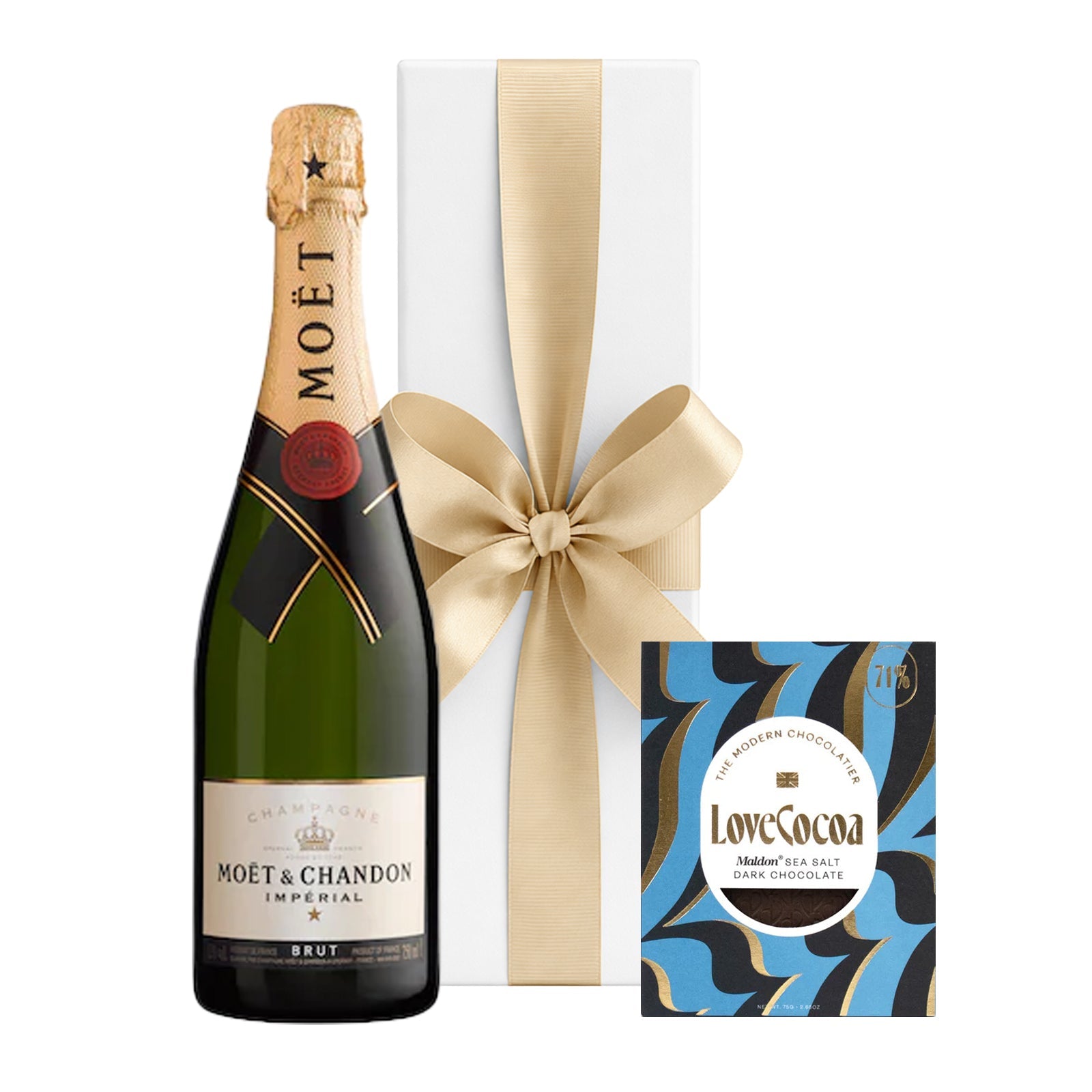 Moët & Chandon Brut Impérial Champagne with Maldon Sea Salt Chocolate in White Gift Box - CorporateGifts.London