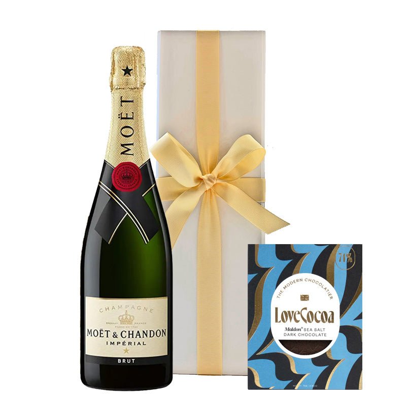 Moët & Chandon Brut Impérial Champagne with Maldon Sea Salt Chocolate in White Gift Box - CorporateGifts.London