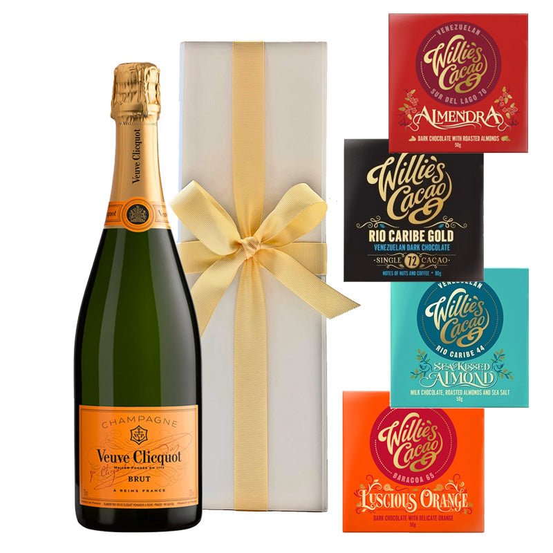 Veuve Clicquot Yellow Label Brut Champagne with 4 x Artisan Willie’s Chocolates in White Gift Box - CorporateGifts.London