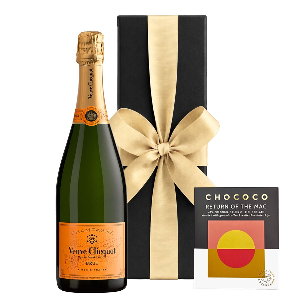 Veuve Clicquot Yellow Label Brut Champagne with Colombian Crushed Coffee Chocolate in Black Gift Box - CorporateGifts.London