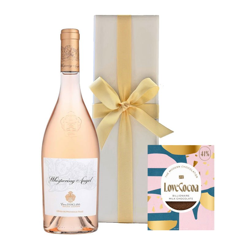 Whispering Angel Rosé with Billionaire Chocolate in White Gift Box - CorporateGifts.London
