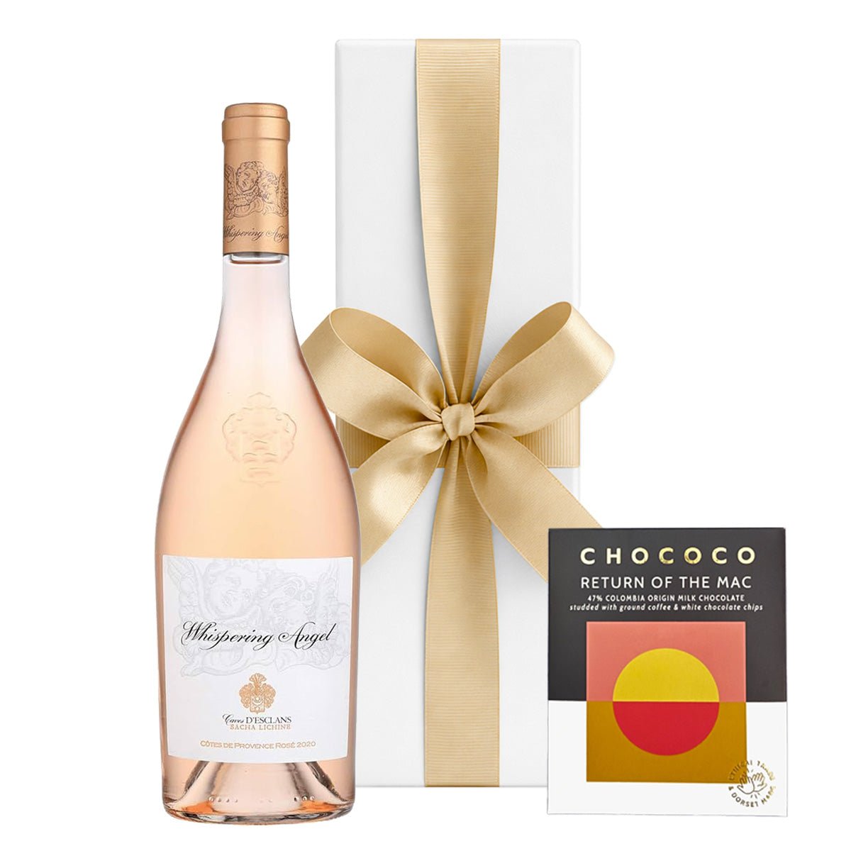 Whispering Angel Rosé with Colombian Crushed Coffee Chocolate in White Gift Box - CorporateGifts.London